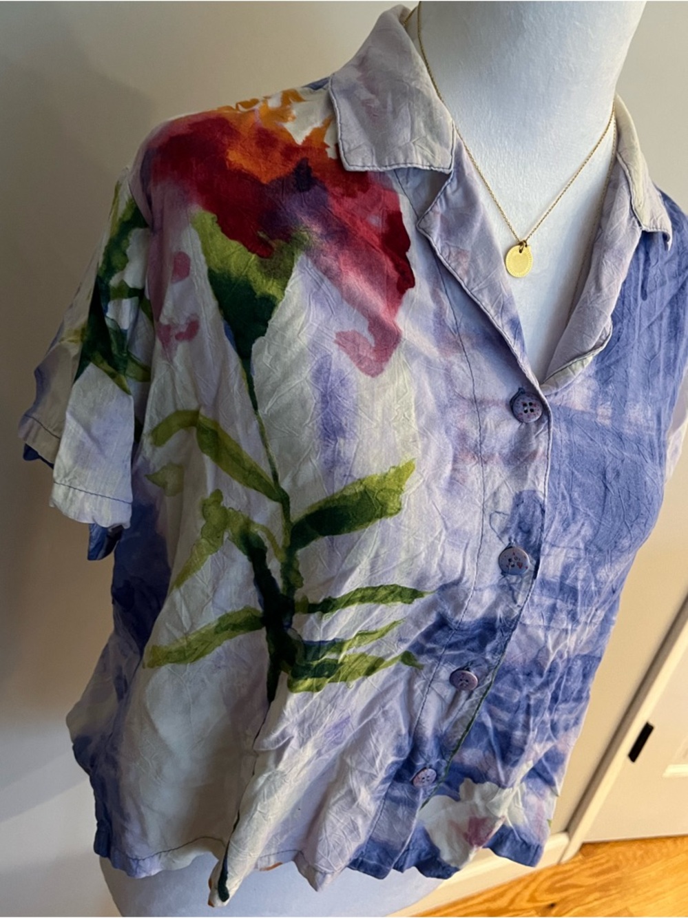 Jams World Vintage Camp Shirt Watercolor Floral Hawaiian Size Lg